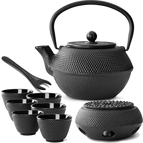 Teekanne asiatisch Gusseisen Set 1.1 Liter - schwarze Gusskanne mit Henkel & Edelstahl Tee-Filter Sieb-Einsatz für losen Tee & 6 Teebecher (Tassen) & Stövchen & Deckelheber