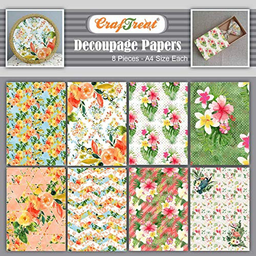 CrafTreat Blumen-Decoupage-Papier zum Basteln – Sommerblumen und tropische Blumen – Größe: A4 – 8 Stück – Farn-Decoupage-Papier für Scrapbooking