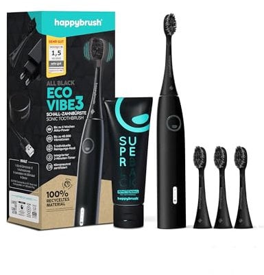 happybrush [Testsieger*] Elektrische Zahnbürste ECO VIBE 3 Schwarz - Schallzahnbürste mit 6 Wochen Power-Akku inkl. 3 Aufsteckbürsten, Aktivkohle Zahnpasta, von Zahnexperten empfohlen