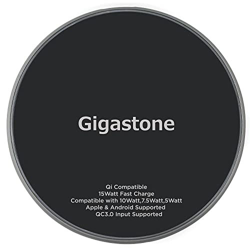 Gigastone Chargeur sans Fil 15W Max Rapide Universel Charging Pad, Contrôle de température, Chargeur à Induction Qi Compatible avec iPhone 15/14/13/12/11, AirPods, Galaxy/Note, Google Pixel, LG