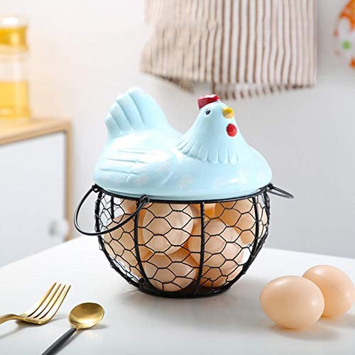 Cesta para huevos de gallina, cesta de almacenamiento de huevos de alambre de metal, forma de pollo, soporte para huevos vintage, cesta de frutas con tapa para el hogar, cocina, granja decorativa