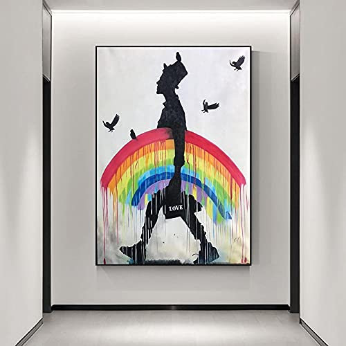 Regenbogen Regen Mann Vögel Hut Kunst Leinwand Malerei Straße Graffiti Banksy Moderne Wandbild für Wohnzimmer Wohnkultur 30x40cm (12x16inch) Ungerahmt