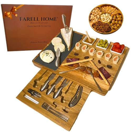 Farell Home® – Plateau a Fromage & Charcuterie en Bois d'Acacia - Planche Complet pour l’Apéro – Couverts, Ardoise et Ramequin – Coffret Dégustation – Idée Cadeau. (Rectangulaire)