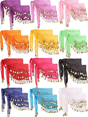 JaGely 24 Pieces Belly Dance Hip Scarf Belly Dancer Skirt with Gold Coins Bling Outfit Coin Costumes for Women(Bright Color)