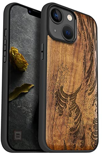 Carveit Holz Cover für iPhone 14, Nussbaum-Die Welle Kanagawa | Handyhulle kompatibel MagSafe Massivholz für iPhone 14 Handyhülle Stoßstange Weich TPU Case
