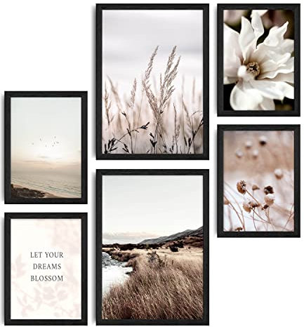 decomonkey | 6er Poster Set mit schwarzem Rahmen | Boho Abstrakt | 4 x DIN A4 & 2 x DIN A3 | Wohnzimmer Schlafzimmer Wandposter Blider Collage Modern Wanddeko Landschaft Blumen Sprüche Vintage