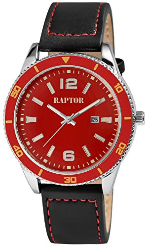 Raptor Simon Herren-Uhr Leder Datum Leuchtzeiger Analog Quarz RA20365 (schwarz rot)