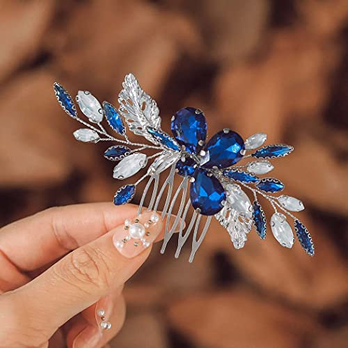 IYOU Brautschmuck Hochzeit Haarkamm Kristall Blau Kopfschmuck Strass Haarschmuck Abschlussball Braut Hochzeit Seitenkämme für Damen