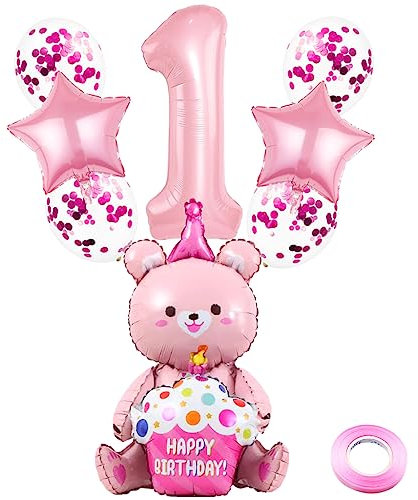 Weenkeey 1 Jahre Bären Geburtstag Deko Große Bär Folienballon 1. Geburtstag Bär Ballon Rosa Zahl 1 Luftballon für Mädchen Jungen Geburtstag Party