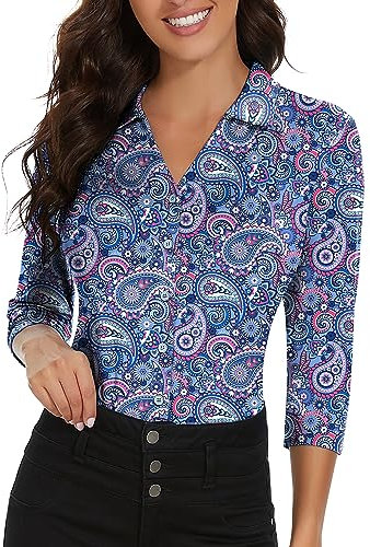 Soneven Poloshirt Damen Langarm Bunt Golf Polo Blusenshirt Damen Oberteile Elegant Bluse Damen Sommer Business Outfit Hemdbluse Casual T-Shirt Retro Druck L