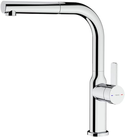 TEKA Grifo Cocina Monomando, Caño Alto Giratorio 360º, Maneral Extraíble, Aireador Anticalcáreo, Latiguillos Flexibles de 3/8”, Cromado, Modelo OVAL 938