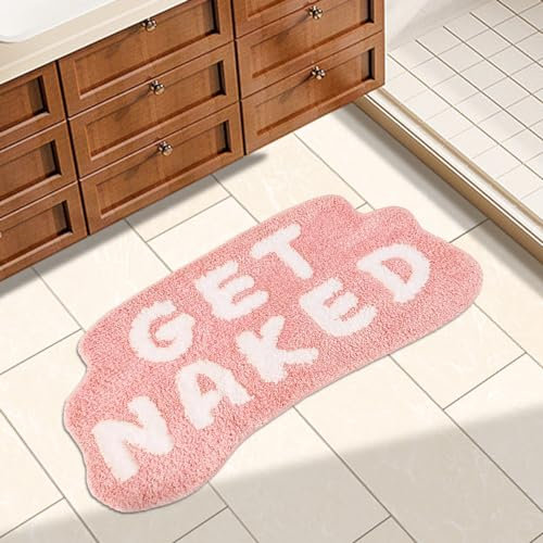 Inshere Get Naked Badematte, niedlicher Schlafzimmerteppich, Buchstabendruck, lustige rosa Wohnzimmermatte für Wohnungsdekoration, weicher und saugfähiger Plüsch, rutschfeste Unterseite, waschbar,