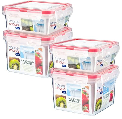 HOMESHOPA Plastic Airtight Food Storage Containers, Square BPA Free Leakproof Stackable Reusable, Meal Prep Container for Kitchen Pantry, Microwave Freezer Dishwasher Safe, 4 Containers- 250ml&400ml