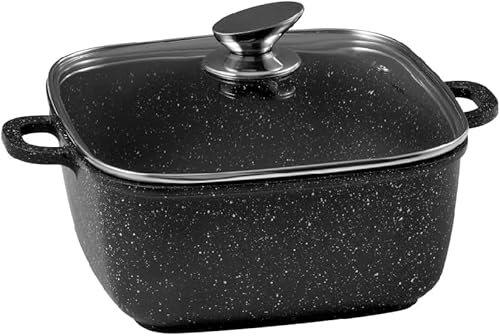 Pradel Excellence - PCUI001025 - Faitout Fonte d'Aluminium Premium 24x24cm Couvercle Verre - Revêtement Anti-Adhésif Façon Pierre - Poignée Amovible - Tout Feu