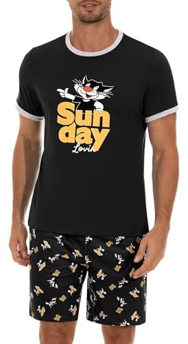 Demegimi Pyjama Homme Été Coton Court Ensemble Chemise Impression de Motif Mignon Manches Courtes Pijamas Estival (Noir, XXL)