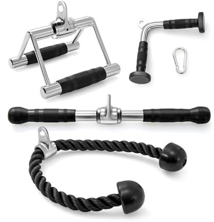 GOPLUS Kit de 4 Accessoires de Machine à Câble de Musculation, Ensemble de Fixation, Corde Triceps, Poignée Double ‘D’, Poignée en Forme de ‘V’, Barre Rotative Droite, pour Salle de Sport