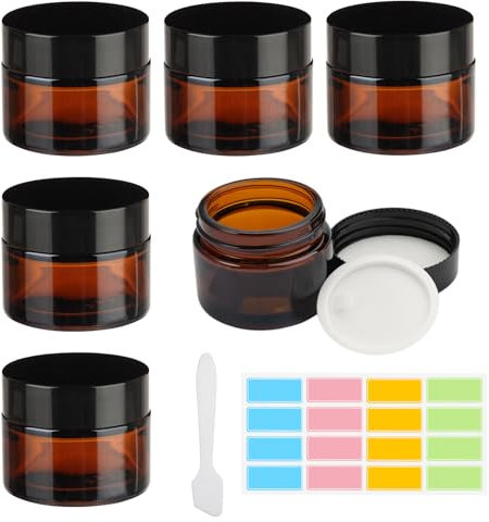 6 Pièces Pot de Crème en Verre, Cosmétique Vide, Mini Pots Ambre 50ml, Récipients Rechargeables Marron avec Autocollant et Petite Cuillère pour Lotion