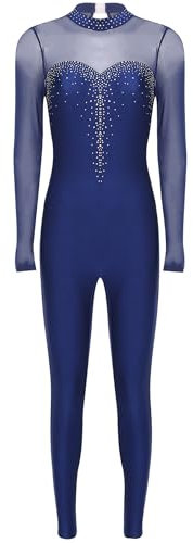 Miutii Damen Ganzkörper Turnanzug Glitzer Gymnastikanzug Langarm Ballettanzug Gymnastik Leotard Trikot Eiskunstlauf Body Sport Overall Jumpsuit Marine Blau M