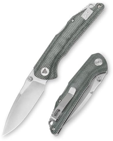 TRIVISA Micarta Messer,Taschenklappmesser für Männer,EDC Messer mit Clip für 14C28N Stahl Stonewash Blade,Camping Jagd Angeln Werkzeug, Arae-04G