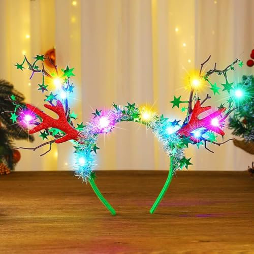 Zoestar Bandeau lumineux de Noël à LED en forme de bois de renne avec étoiles vertes brillantes - Accessoires de cheveux pour femme