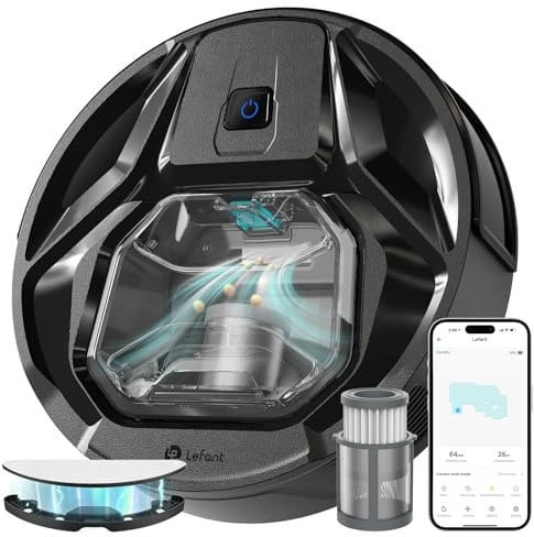 LEFANT M320 Robot Aspirapolvere,Pattumiera Visiva da 800 ML, 6000 Pa Potente Aspirazione,210 minuti,Pressurizzazione Tappeti,Antigroviglio,Adatto Per Peli di Animali Domestici e Pavimenti Duri, Nero