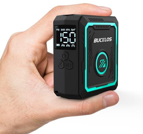 BUCKLOS Mini Bike Pump Electric Portable Max 150PSI with Digital Pressure Gauge, Tiny Bicycle Tire Ebike Pump Auto Stop, Rechargeable Air Pumps, Presta and Schrader Valve for Road Mountain Bike