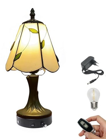 FSLiving Tiffany-Stil Tischlampe Kabellos Warmweißes, Wiederaufladbar Tischleuchte, Dimmbar Nachttischlampe mit Glasschirm und Fernbedienung für Nachttisch Esszimmer Schlafzimmer -TD0796
