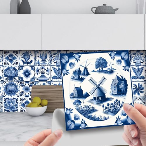 Fliesenaufkleber 15x15 cm Blaue Blume Windmühle Mosaikfliesen Wasserfest Klebefliesen Fliesenaufkleber Küche Möbel Deko Küchenrückwand Folie Fliesenaufkleber Bad 24 Stück