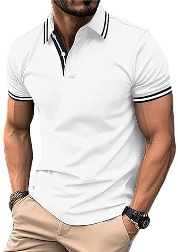 geeksport Men's Polo Shirt Short Sleeve Golf Polo Outdoor Breathable Tops for Mens Sports T-Shirt Work Tee White Black 3XL