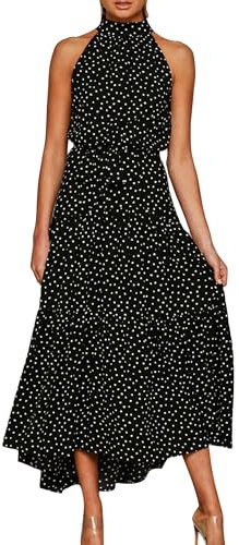 OMZIN Damen Floral Sommer A Line Langes Kleid Neckholder Ärmellos Rüschenkleider Mit Gürtel Black Dot XL