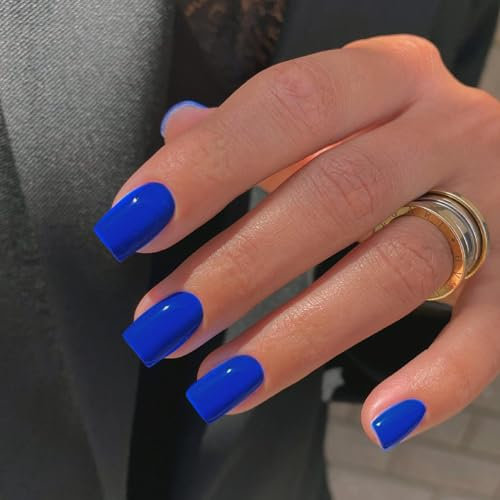 SXVME Royal Blue False Nails Short Medium Square, Gel Press on Nails Coffin Medium Glossy Fake Nails Set Solid Color Acrylic Nail Natural Fit Reusable Stick on Nail for Women Daily Wear, in 24 Pcs