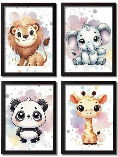 VON STEINEICH® Deko Bilder Set Kinderzimmer – Liebevolle Wandbilder [DIN A4] Perfekte Deko für Jungszimmer, Mädchenzimmer & Babyzimmer im Safari Tiere Design (4er Set ohne Bilderrahmen)
