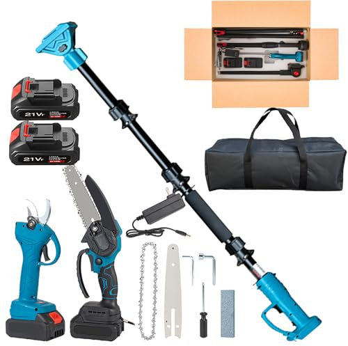 Forbici potatura elettriche Telescopiche, Motosega a Batteria 6 Pollici incluso, Kit cesoie e Motosega con asta telescopica professionali per Potatura Giardino Rami (con asta rimovibile)