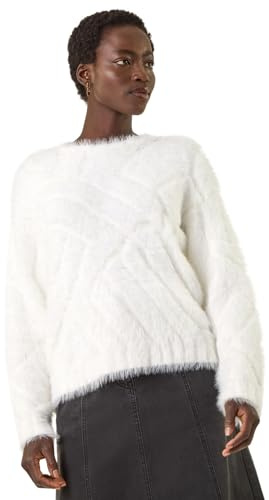 Roman Originals Fluffy Stripe Knit Jumper for Women UK - Ladies Everyday Autumn Winter Crew Neckline Comfy Soft Evening Vacation Work Party Night Out