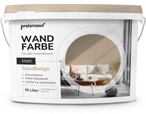 Preismaxx Wandfarbe Beige Sandbeige hohe Deckkraft matt hochdeckend 10l | Für Wände, Decken, Putz, Tapete & Altanstriche, geruchsarm, tropfgehemmt, Renovierung & Neuanstrich