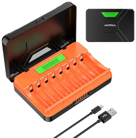 AKTTKA Caricabatterie Pile Ricaricabili Stilo AA e Mini Stilo AAA Intelligente 8 Slot, Ni-MH Ni-CD Ricaricabili Caricabatterie Batterie con Display LCD(con Cavo USB), Riposto Pile per Viaggi e Gite