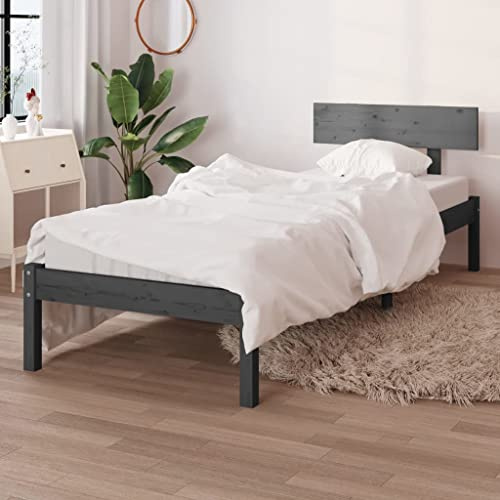 Hoopleep Massivholzbett Grau Kiefer 100x200 cm, Modern Single Bed Frame with Headboard, Durable Wood Slats Support, Easy Assembly for Bedroom, Guest Room