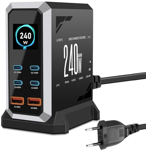 Wowfast Chargeur USB C multiple 240 W, PD140w, 100 W, 65 W et 6 ports, station de charge rapide Gan Power avec 4 ports USB C + 2 ports USB A pour MacBook Air, iPad, iPh0ne 17/16/15, Galaxy S22 S20