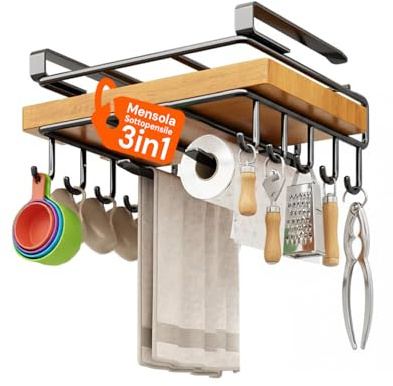 Avilia Mensola Sottopensile Cucina 3 in 1 in Acciaio Inox – Porta Rotolo Cucina, 10 Ganci e Porta Tagliere Integrati – Organizzatore Cucina Salvaspazio 26,5x25x7 cm Senza Forare
