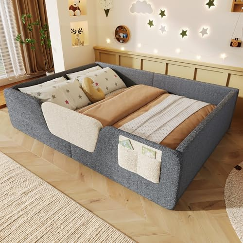 Arhatreya Lit capitonné, 140 x 190 cm, de sol, avec barrière de sécurité amovible, avec poche en tissu, pour chambre d'enfant, sans matelas, gris