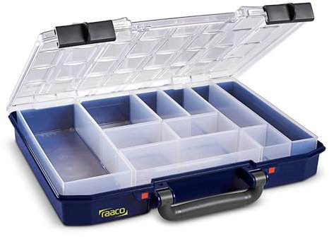 raaco CarryLite 55 4x8-10: Leicht Sortierbox für Werkstatt, mit 10 Einsätze für Kleinteile, Traglast 8 kg, Sichere Aufbewahrung, Transparenter Deckel, 27.8 x 33.7 x 5.7 cm