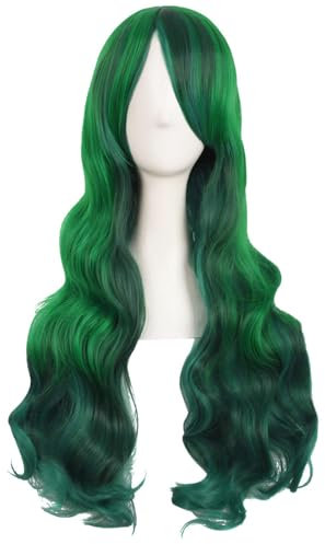 MapofBeauty 28 Zoll/70cm Damen Glatt Pony Mehrfarbig Cosplay Länge Locken Glamor Perücke (See Grün/Grass Grün)