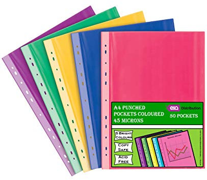 A4 50 Coloured Plastic Wallets Clear Strong Punched Ring Binder File Pockets