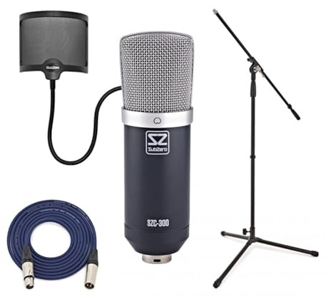 SubZero SZC-300 Condenser Microphone, Studio Stand Pack | Large Diaphragm Microphone for Detailed Clear Audio, Pop Shield Reduces Plosives, Stand and Cable Included