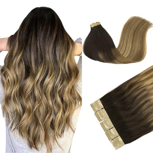 DOORES Tape Extensions Echthaar Echtes Normal Tape In Extensions #2/6/18 | 35cm Dunkel Braun bis Chestnut Braun und Dirty Blonde Highlights Unsichtbar, Nahtlose Skin Weft FÜR Frauen, Alltagstauglich