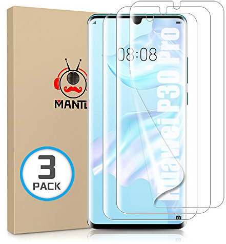 Manto - Protector de pantalla para HUAWEI P30 Pro, cobertura completa de TPU suave película protectora, antirreflejos HD ultra transparente sin burbujas anti huellas dactilares, transparente