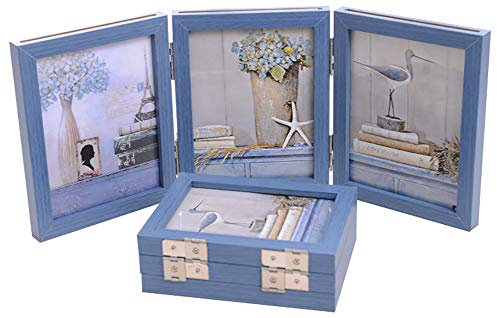 ChezMax Collage Bilderrahmen Dekorativer Scharniertisch Schreibtischplatte Bilderrahmen 3 vertikale Öffnungen mit Echtglas Blau 3,5x5