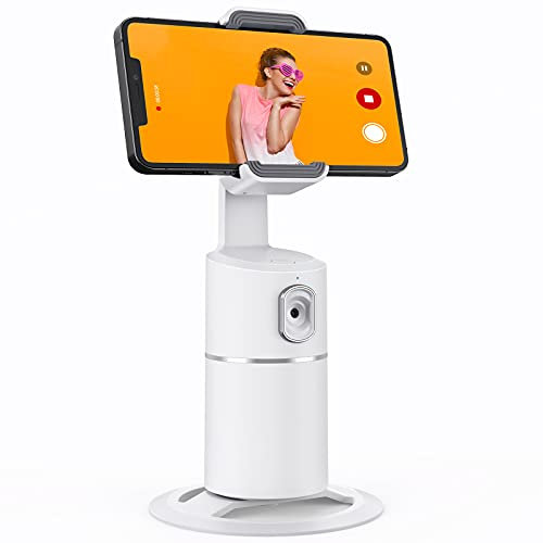 Auto Face Tracking Phone Holder, No App Required, 360° Rotation Face Body Phone Tracking Tripod Smart Shooting Camera Mount for Live Vlog Streaming Video, Rechargeable Battery-White