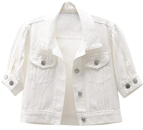 LifeShe Women's short sleeve cropped denim jacket puff sleeve jean jackets coat, White, XS