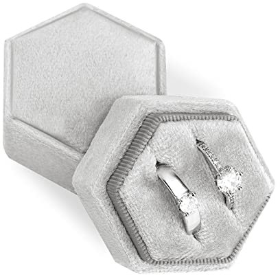 AIEX Ringbox aus Samt, für Schmuck, Doppelschlitze, Sechseck, Ringbox, für Verlobung, Zeremonie, Hochzeit, Valentinstag, mit 2 Ringen (Beige Grau)
